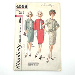 Simplicity Vintage 1960's Pattern #4598  Women's Skirt Jacket Suit Size 16